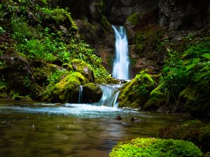 Превью обои водопад, ручей, скала, вода