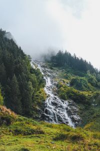 Превью обои водопад, ручей, склон, деревья, облако