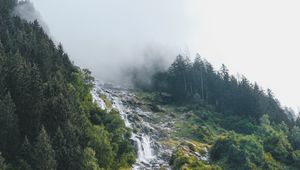 Превью обои водопад, ручей, склон, деревья, облако