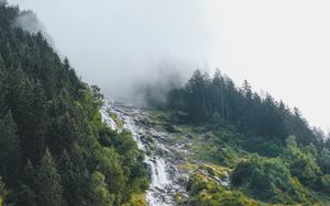 Превью обои водопад, ручей, склон, деревья, облако