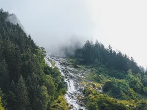 Превью обои водопад, ручей, склон, деревья, облако