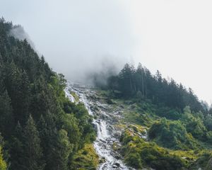 Превью обои водопад, ручей, склон, деревья, облако