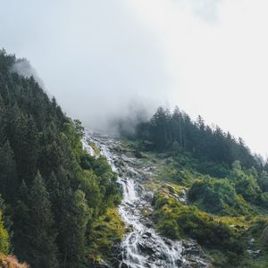 Превью обои водопад, ручей, склон, деревья, облако