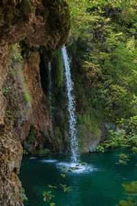 Превью обои водопад, скала, брызги, вода, растения