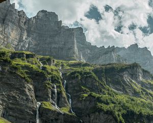 Превью обои водопад, скала, деревья, склон