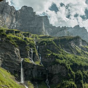 Превью обои водопад, скала, деревья, склон