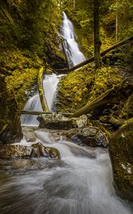 Превью обои водопад, скала, деревья, вода, поток