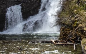 Превью обои водопад, скала, деревья, вода, река