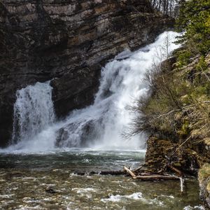 Превью обои водопад, скала, деревья, вода, река