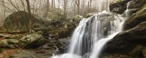 Превью обои водопад, скала, ручей, вода, туман