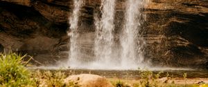 Превью обои водопад, скала, вода, камни, растительность