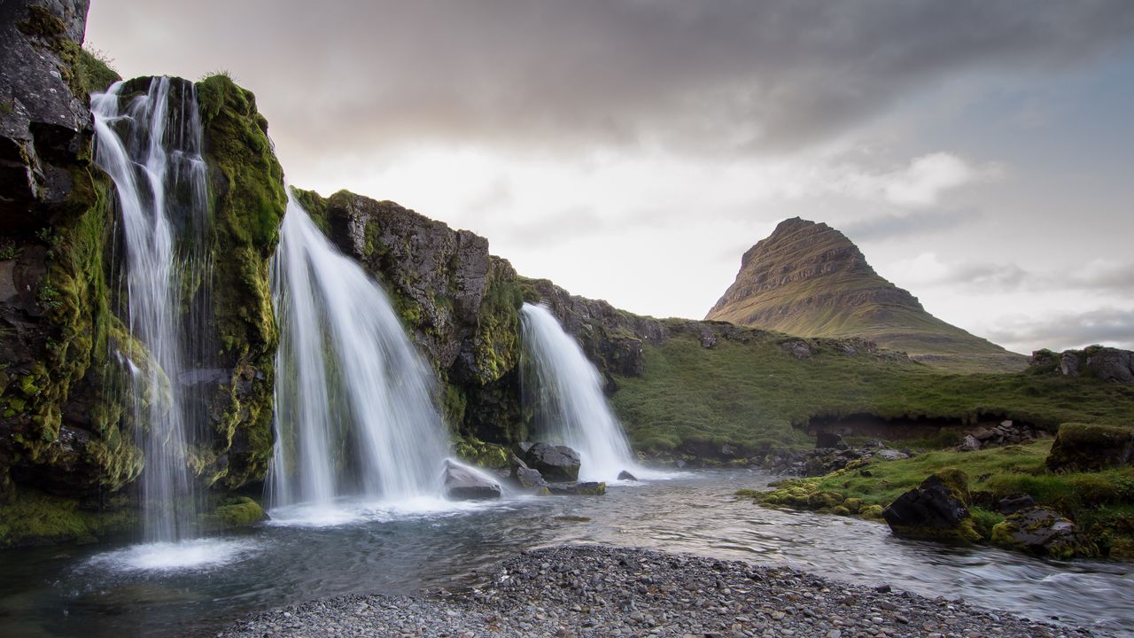 Обои водопад, скала, вода, пейзаж, природа, исландия