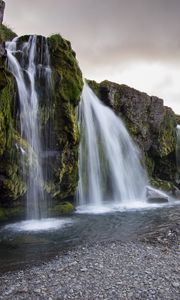 Превью обои водопад, скала, вода, пейзаж, природа, исландия