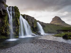 Превью обои водопад, скала, вода, пейзаж, природа, исландия