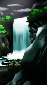Превью обои водопад, скалы, арт