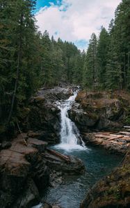 Превью обои водопад, скалы, деревья, лес, пейзаж, природа