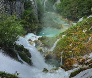 Превью обои водопад, скалы, деревья, обрыв, пейзаж