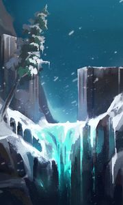 Превью обои водопад, скалы, дерево, снег, арт, пейзаж