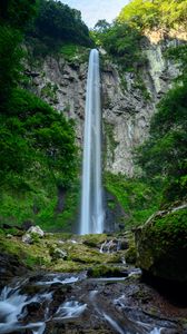 Превью обои водопад, скалы, камни, мох, вода