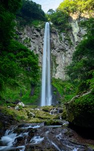 Превью обои водопад, скалы, камни, мох, вода