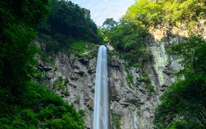 Превью обои водопад, скалы, камни, мох, вода