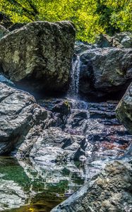 Превью обои водопад, скалы, камни, вода, поток, деревья