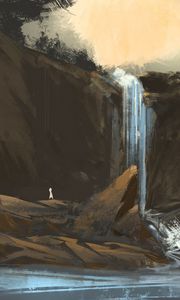 Превью обои водопад, скалы, краска, холст, арт