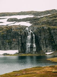 Превью обои водопад, скалы, море, утес, камни, вода