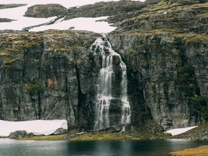 Превью обои водопад, скалы, море, утес, камни, вода