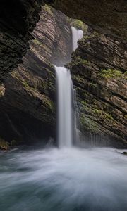 Превью обои водопад, скалы, поток, пещера