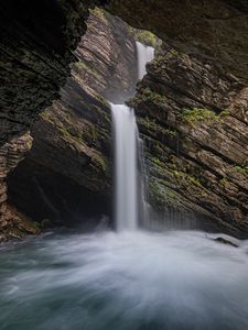 Превью обои водопад, скалы, поток, пещера