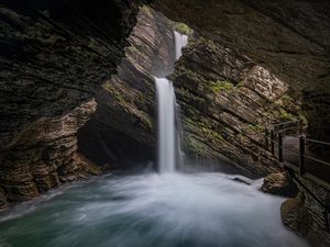 Превью обои водопад, скалы, поток, пещера