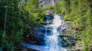 Превью обои водопад, скалы, поток, деревья, вода