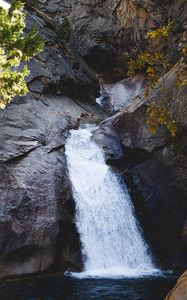 Превью обои водопад, скалы, поток, вода, ветки