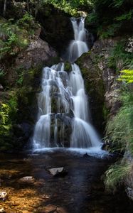 Превью обои водопад, скалы, поток, камни, ветки