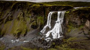 Превью обои водопад, скалы, природа, пейзаж, вид сверху