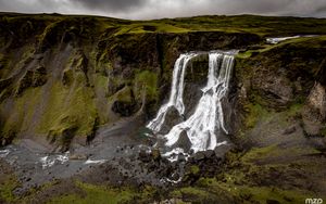 Превью обои водопад, скалы, природа, пейзаж, вид сверху