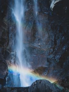 Превью обои водопад, скалы, радуга, природа