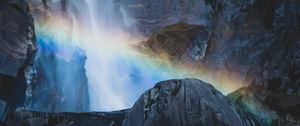 Превью обои водопад, скалы, радуга, природа