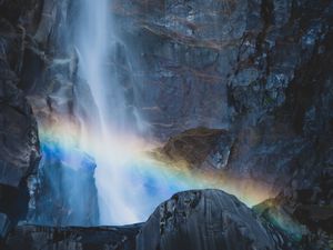 Превью обои водопад, скалы, радуга, природа