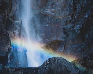 Превью обои водопад, скалы, радуга, природа