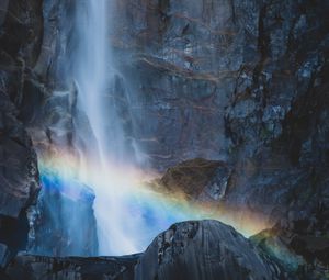 Превью обои водопад, скалы, радуга, природа