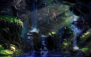 Превью обои водопад, скалы, растительность, попугай, ночь, искусство