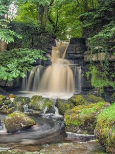 Превью обои водопад, скалы, река, деревья, природа, пейзаж