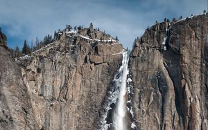 Превью обои водопад, скалы, снег, рельеф