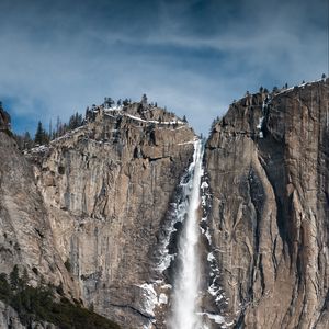 Превью обои водопад, скалы, снег, рельеф