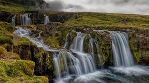 Превью обои водопад, скалы, вода, поток, небо