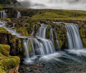 Превью обои водопад, скалы, вода, поток, небо