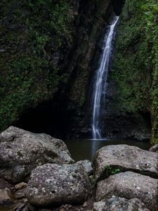 Превью обои водопад, скалы, вода, поток, камень