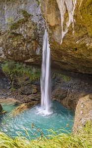 Превью обои водопад, скалы, вода, трава, пейзаж